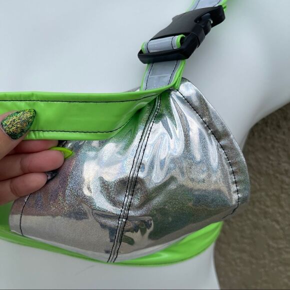 NWT Red night gothic reflective neon buckle bra Sz M costume cosplay EDM RAVE - Picture 5 of 9